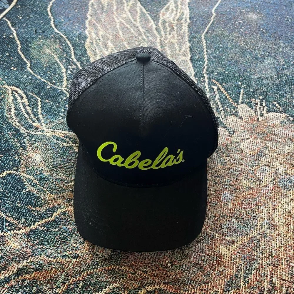 Cabela's Black Fishing Hat with Bright Green Logo SnapBack Hunting Adjustable